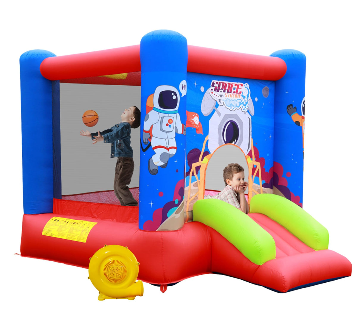 WellFUNTIME inflatable bounce house exterior with bright space theme for backyard fun