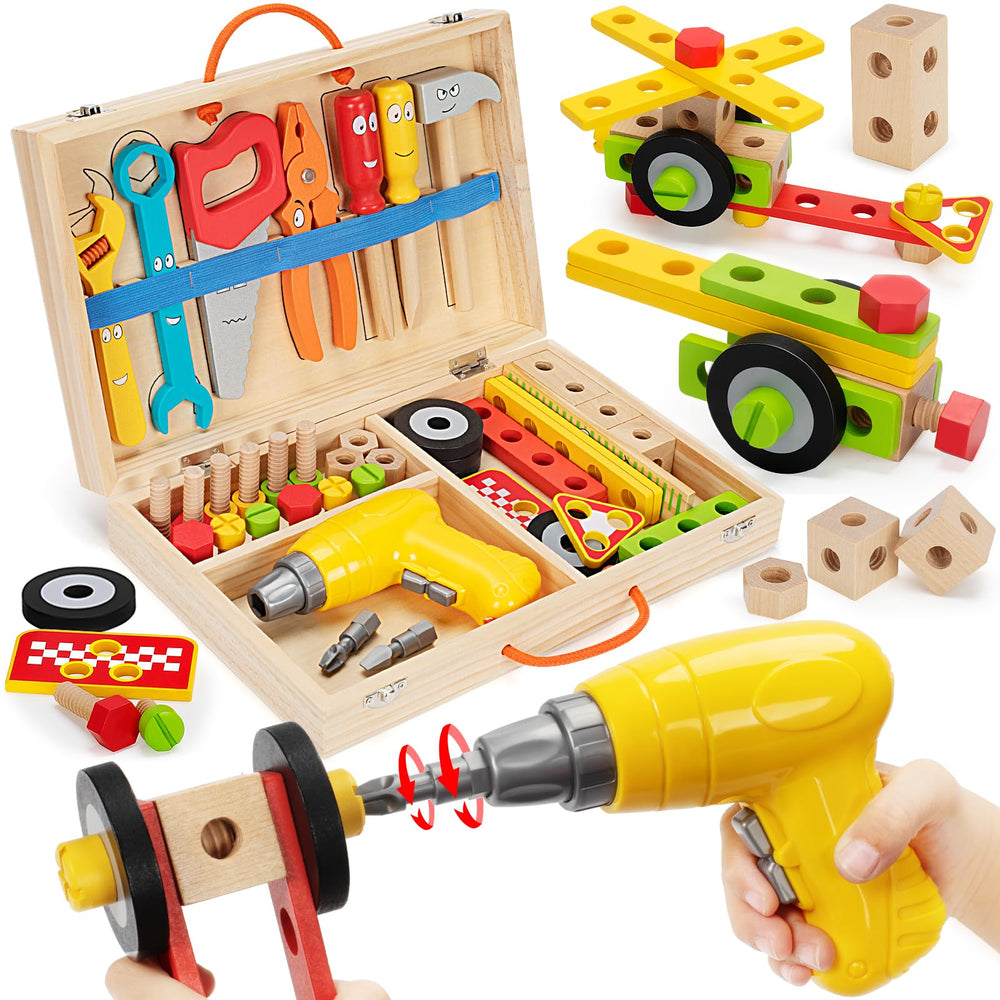 WEMEMORN kids tool set with electric drill promotes imaginative play.