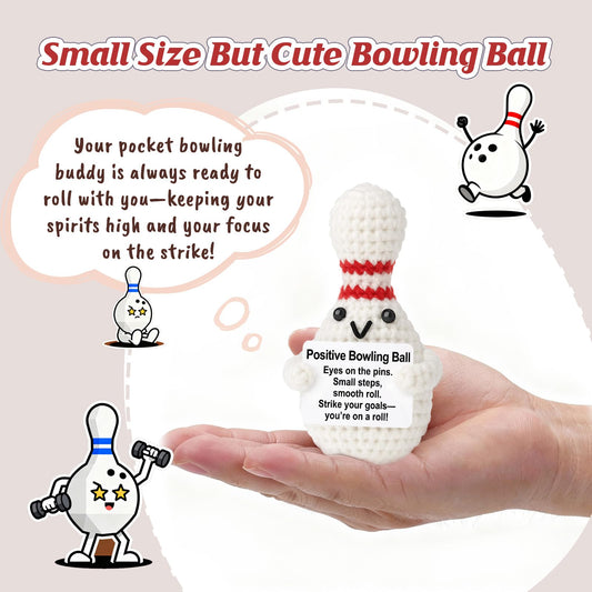 Weming bowling-ball plush displays message sign to encourage practice and goals