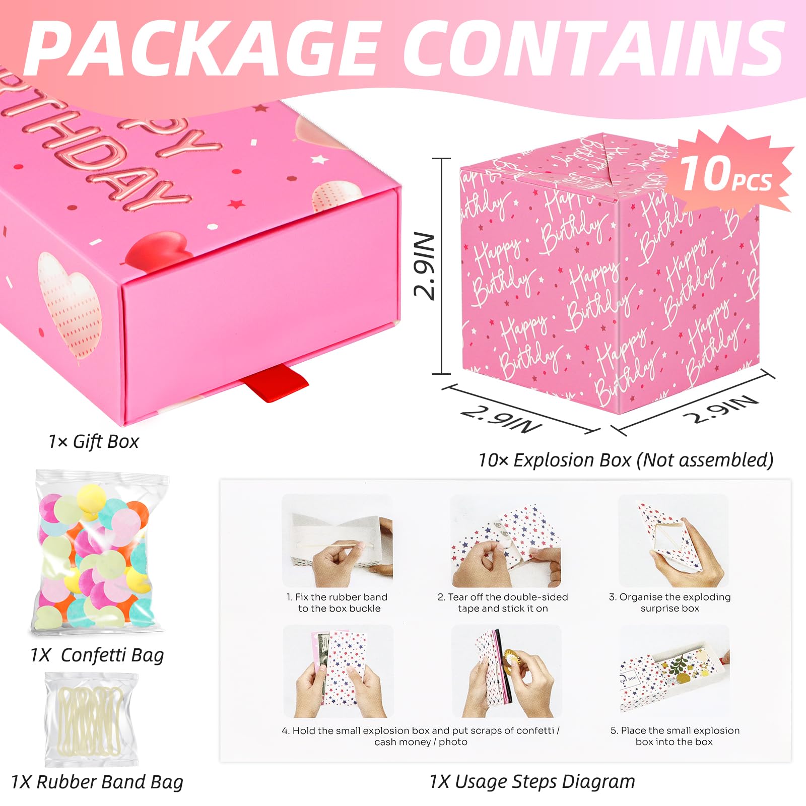 WenmthG explosion box pink confetti highlights a festive reveal.