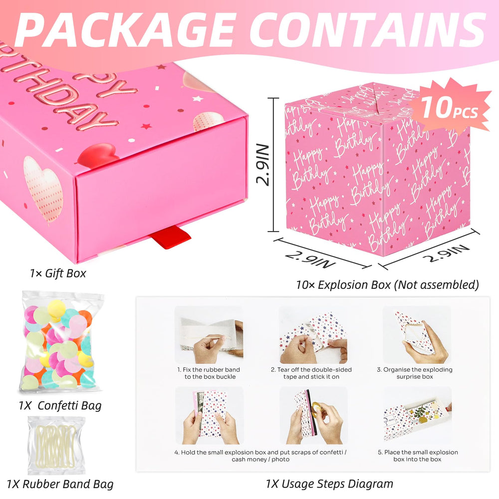 WenmthG explosion box pink confetti highlights a festive reveal.
