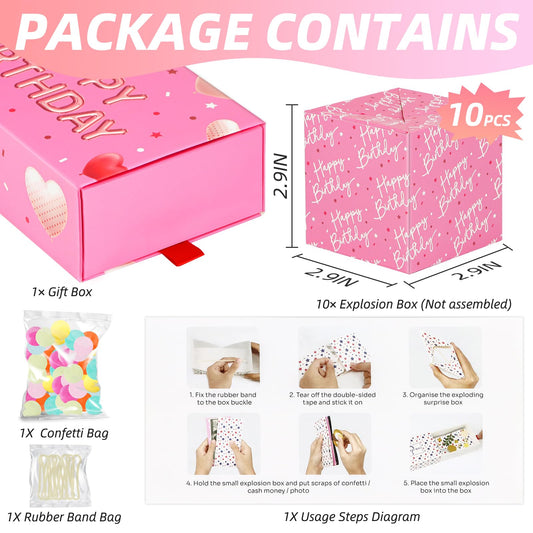 WenmthG explosion box pink confetti highlights a festive reveal.