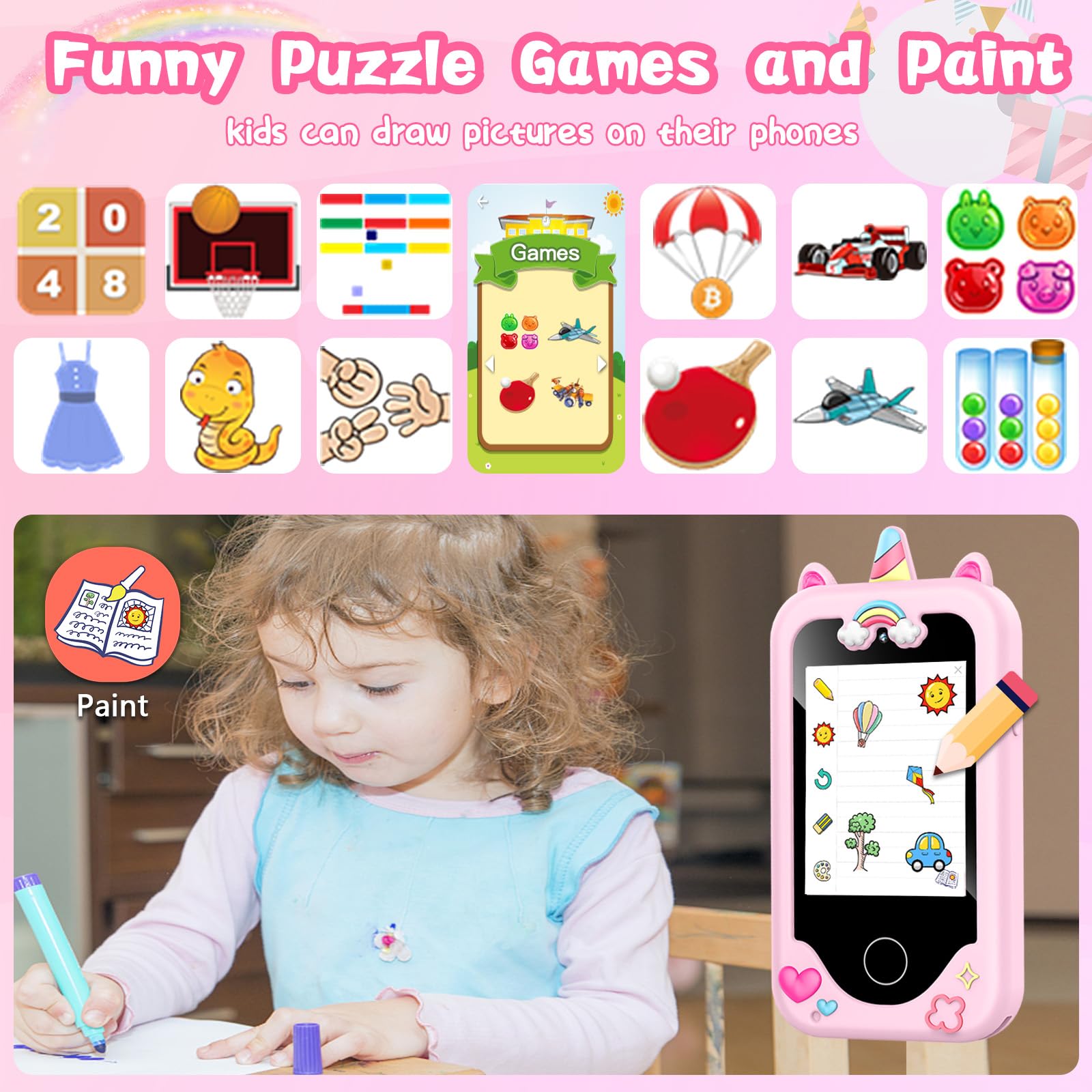 WEOLULI kids smart phone screen display with colorful icons for learning.