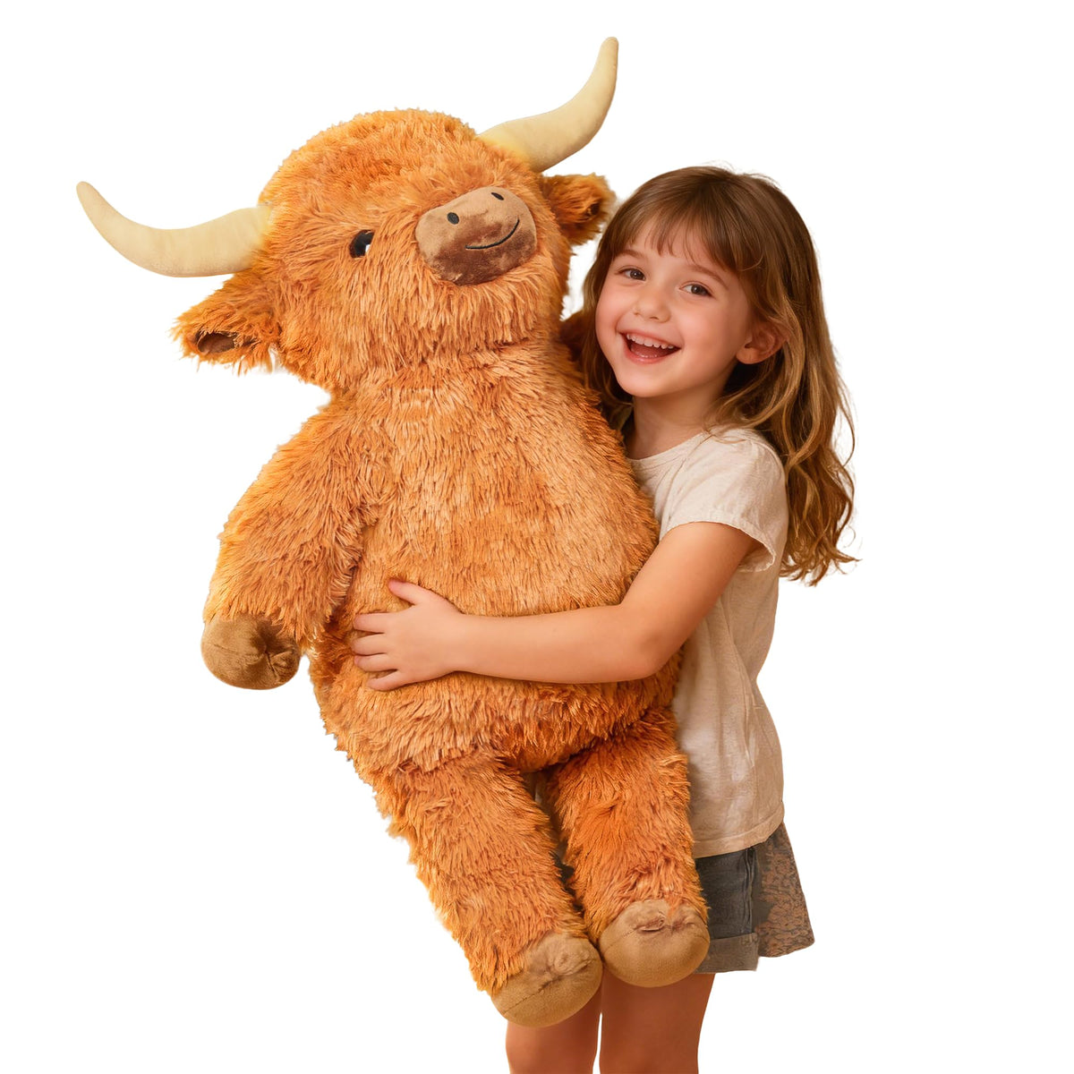 Wepop giant Highland Cow plush in soft fur for cozy hugs and display