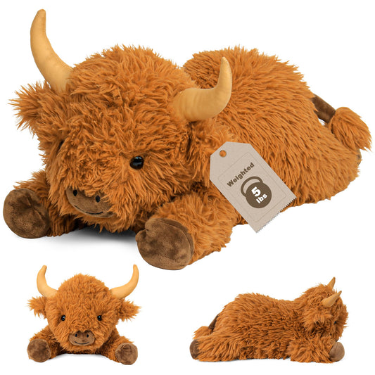 Wepop Highland Cow weighted plush, 22 inches tall for comforting hugs and steady support.