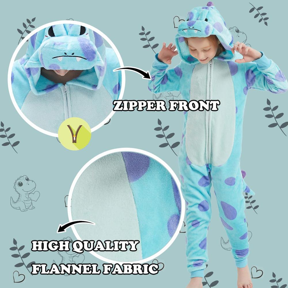  WEQJC kids flannel animal onesie blue dinosaur back view for imaginative play