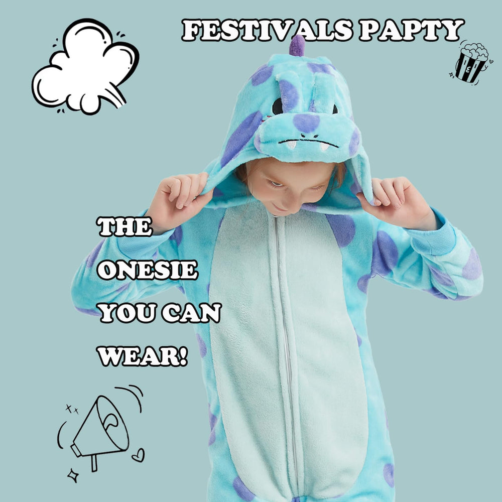  WEQJC kids flannel animal onesie blue dinosaur close-up fabric texture for warmth