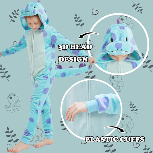  WEQJC kids flannel animal onesie blue dinosaur hood up shows wearable costume
