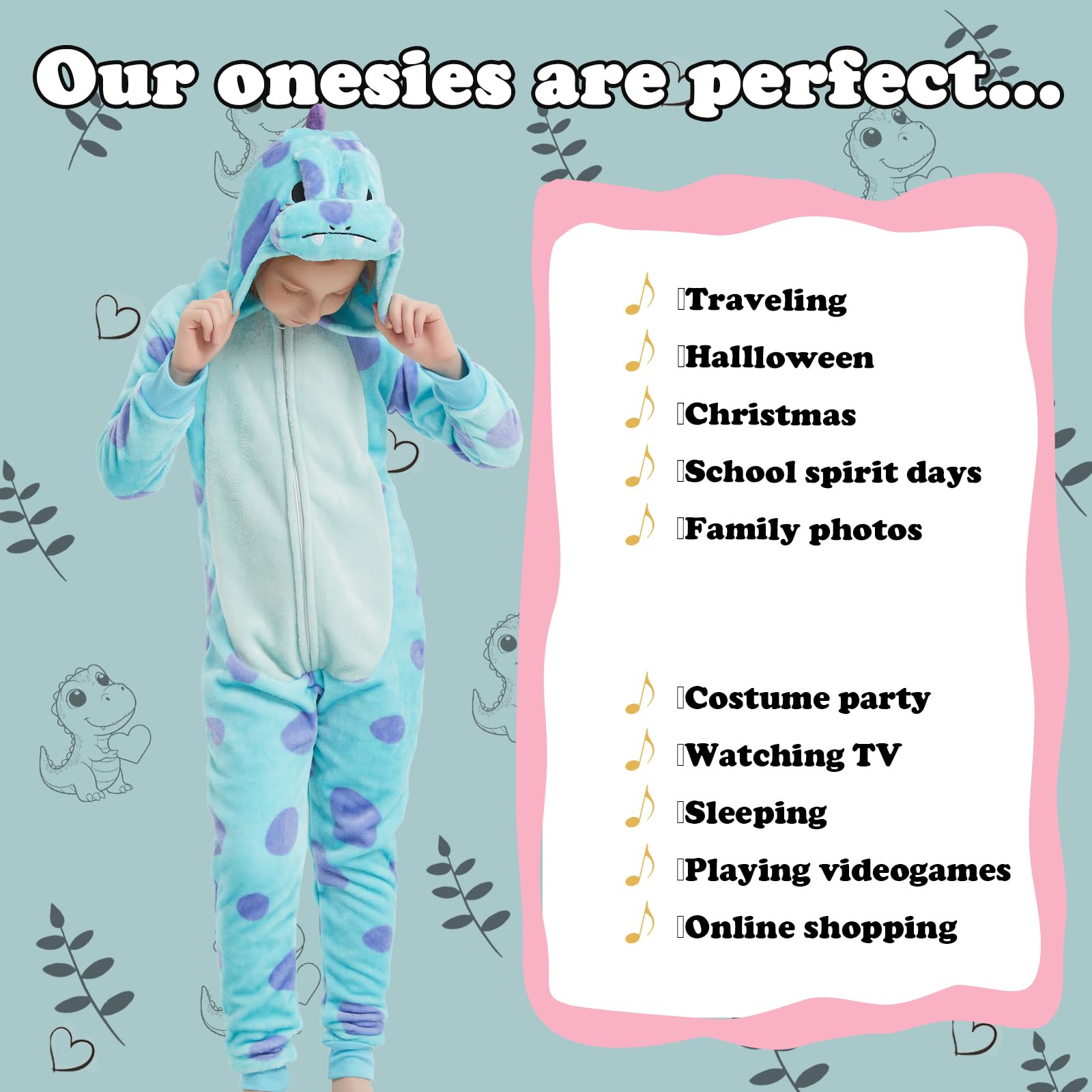  WEQJC kids flannel animal onesie blue dinosaur in playful pose inspires costumes