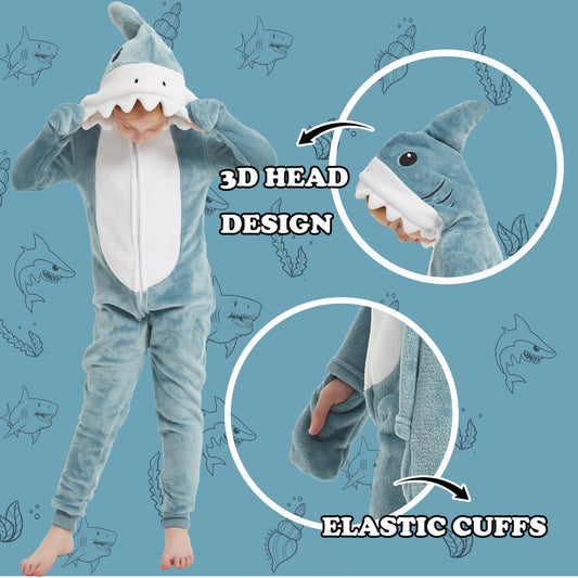 WEQJC Blue Shark onesie back view highlighting cozy fit for kids.