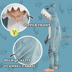 WEQJC blue shark kids flannel onesie back view showing easy wear