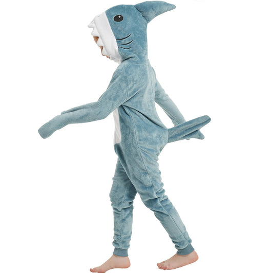 WEQJC blue shark kids flannel onesie front view for warm Halloween dress-up