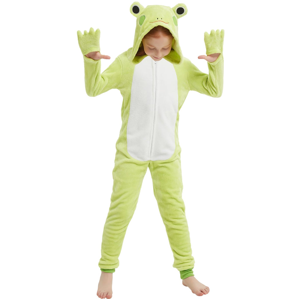 WEQJC Kids flannel frog onesie front view for cozy Halloween dress-up