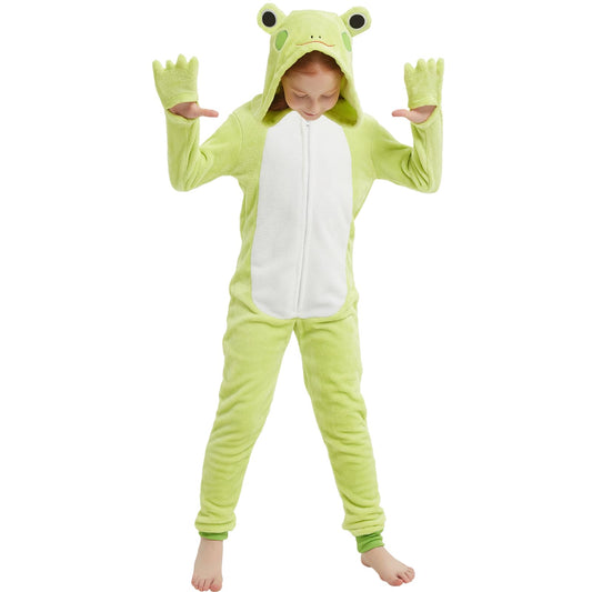 WEQJC Kids flannel frog onesie front view for cozy Halloween dress-up