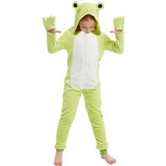 WEQJC Kids flannel frog onesie front view for cozy Halloween dress-up