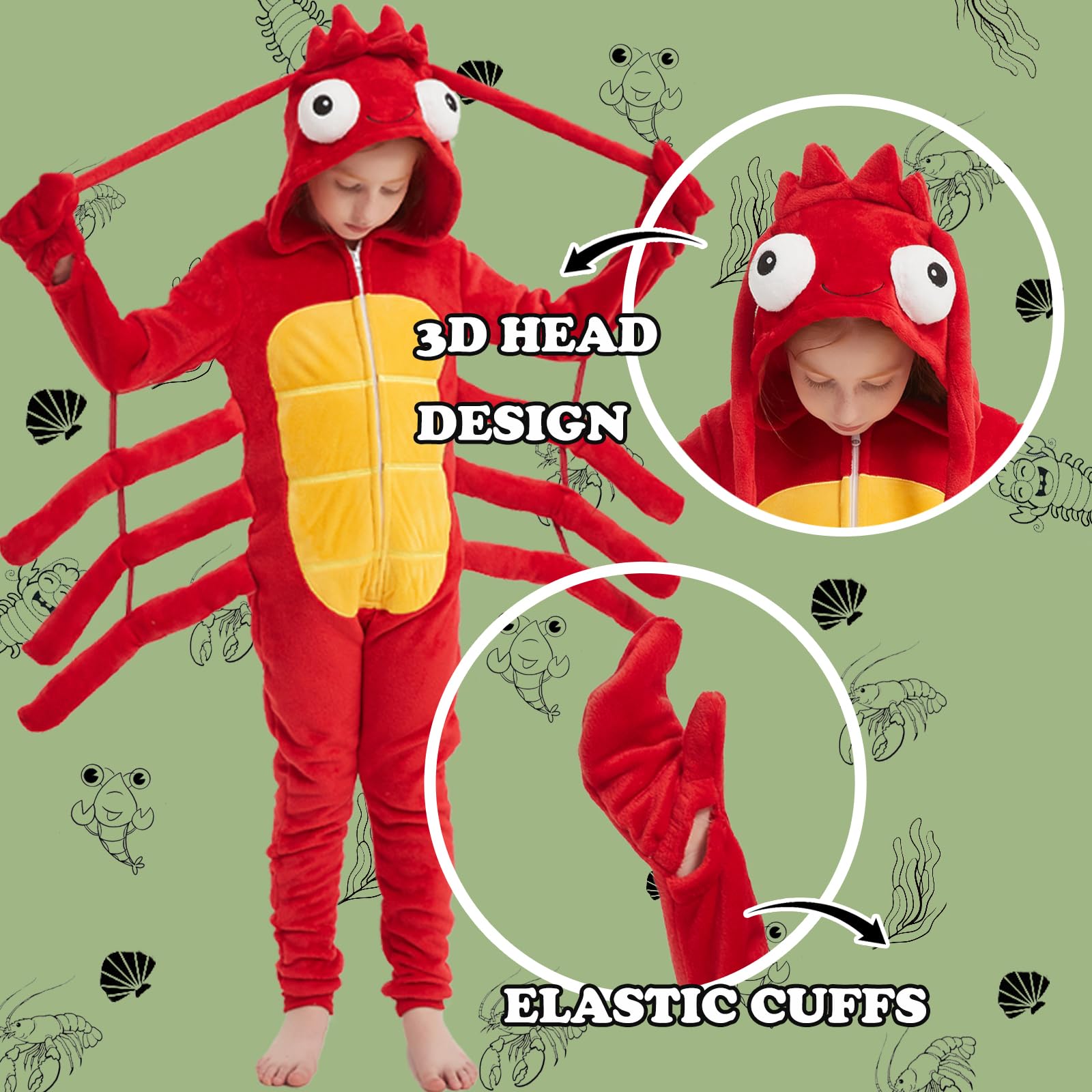 WEQJC Kids Flannel Animal Onesie Red Lobster, back view, warm comfort during cold nights.