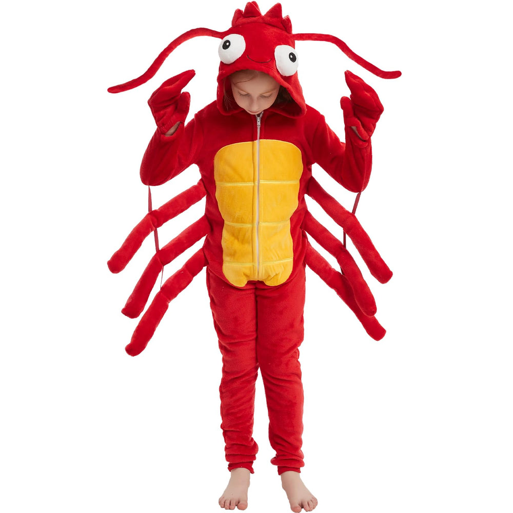 WEQJC Kids Flannel Animal Onesie Red Lobster, front view, cozy Halloween wear for festive fun.