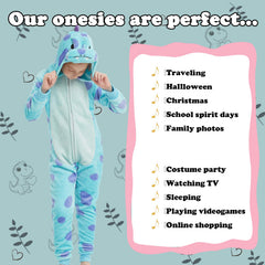 WEQJC blue dinosaur onesie child playing, perfect for pretend play.