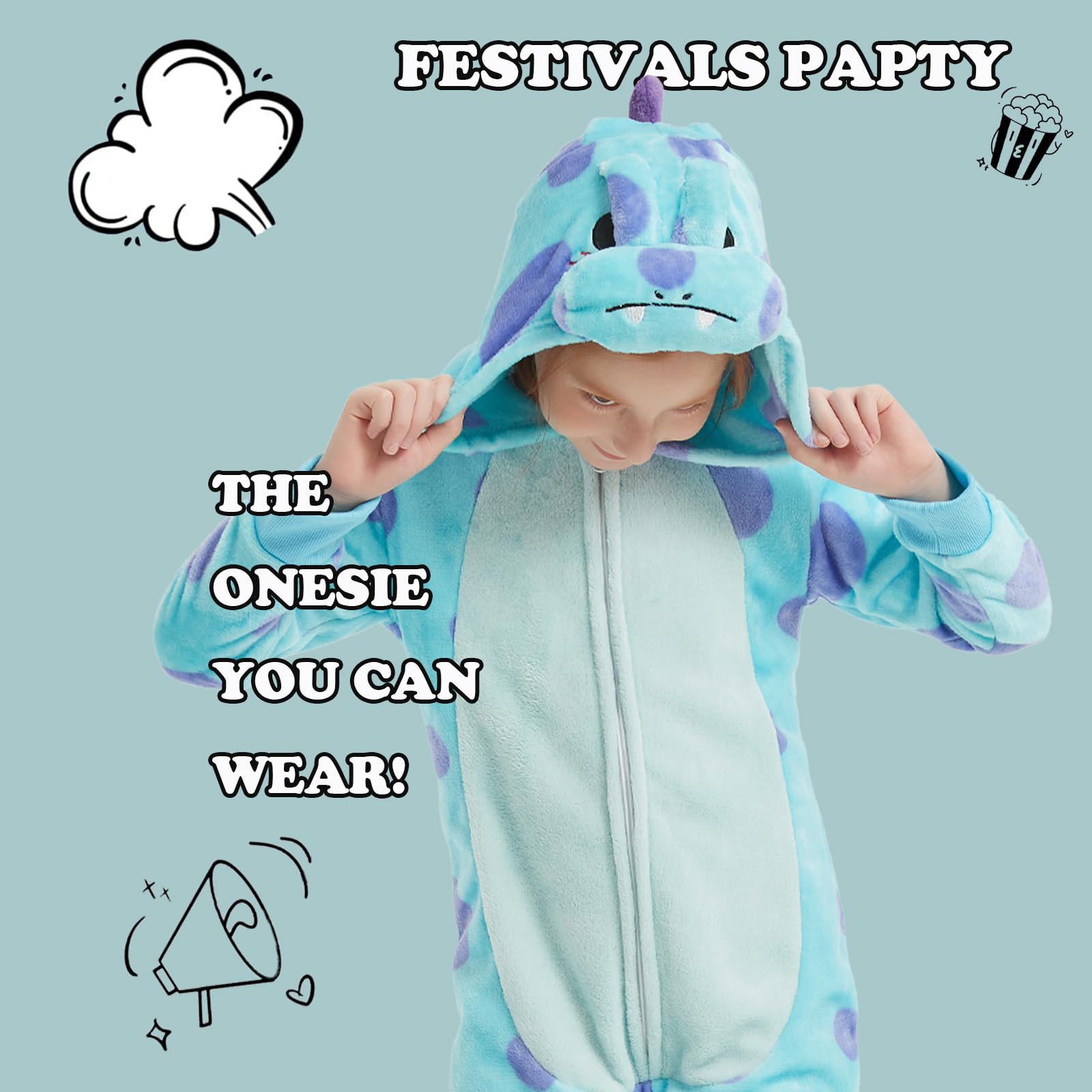 WEQJC blue dinosaur onesie zipper closure, easy dressing for kids.