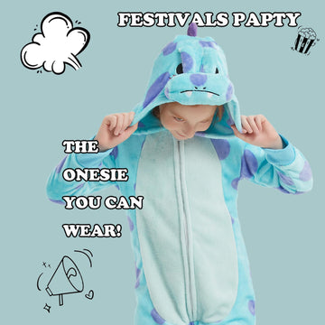 WEQJC blue dinosaur onesie zipper closure, easy dressing for kids.