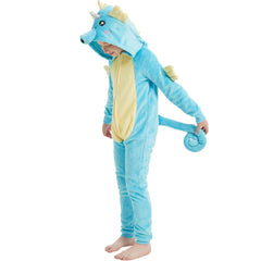 WEQJC blue seahorse flannel onesie front view for cozy Halloween wear.