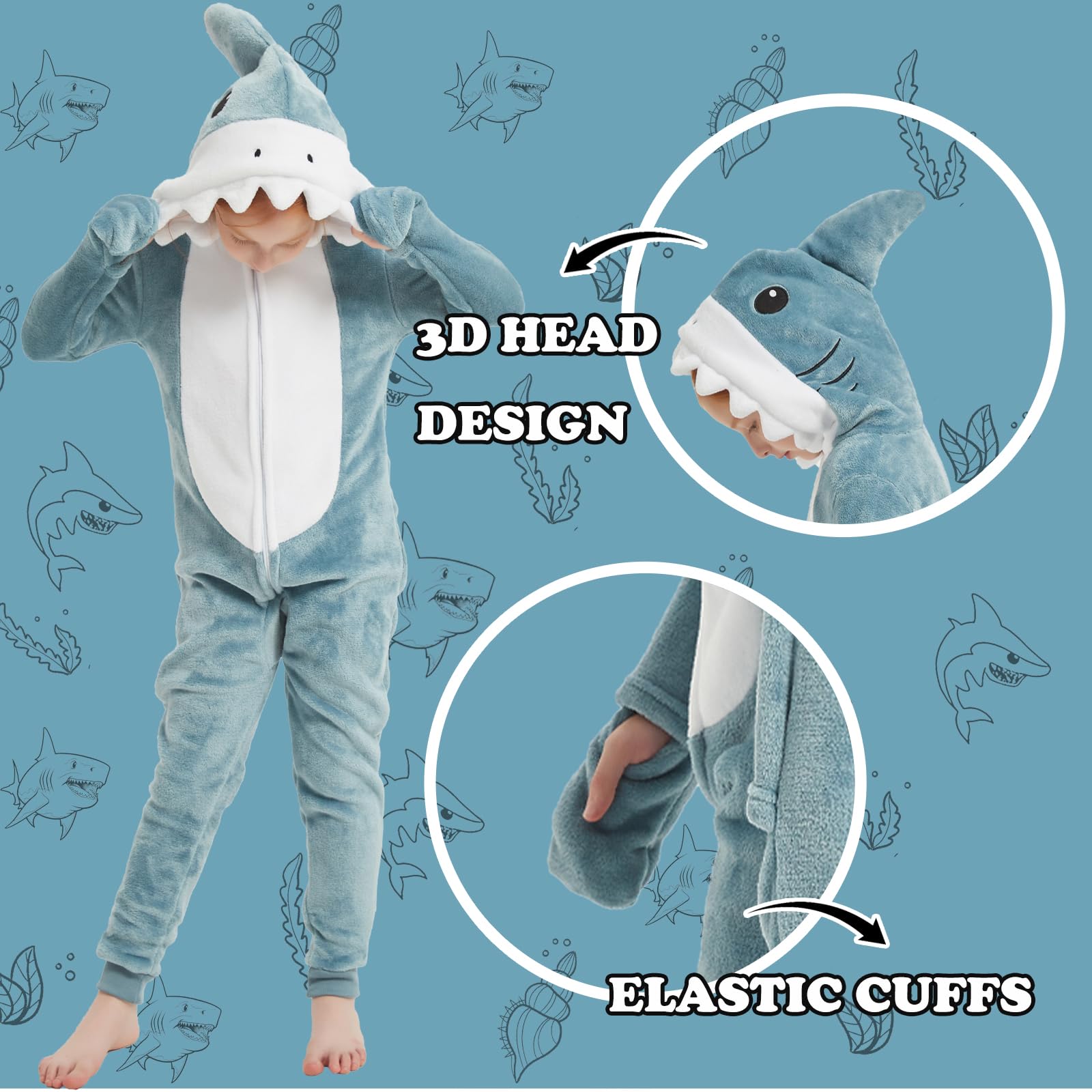 WEQJC blue shark onesie side view ideal for playtime