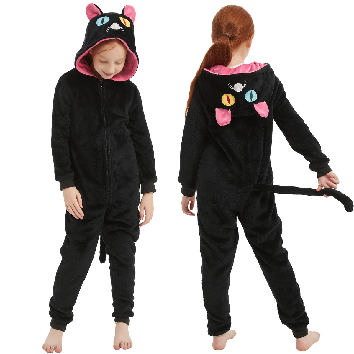 WEQJC kids flannel cat onesie front view for cozy Halloween wear