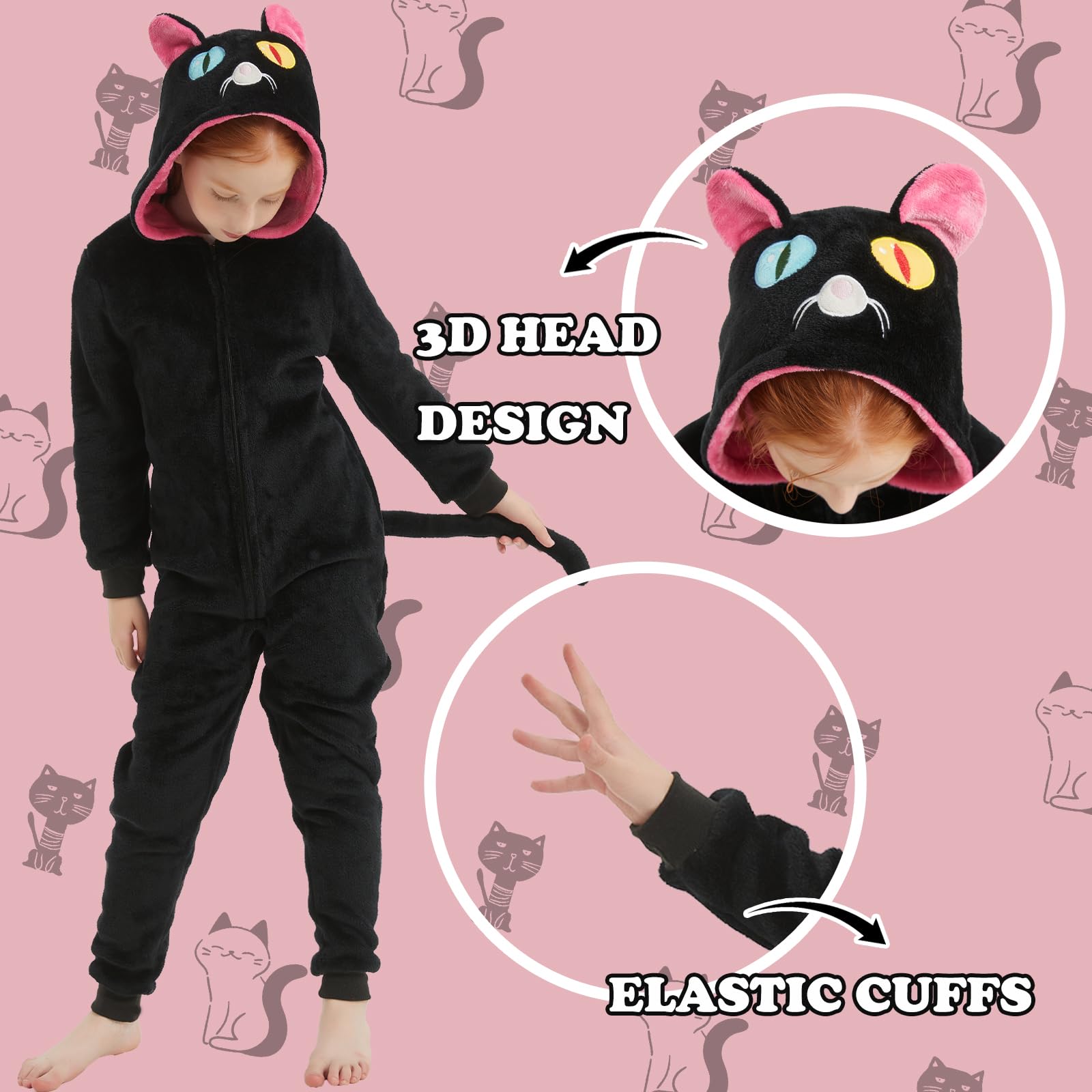 WEQJC kids flannel cat onesie side view ideal for imaginative play