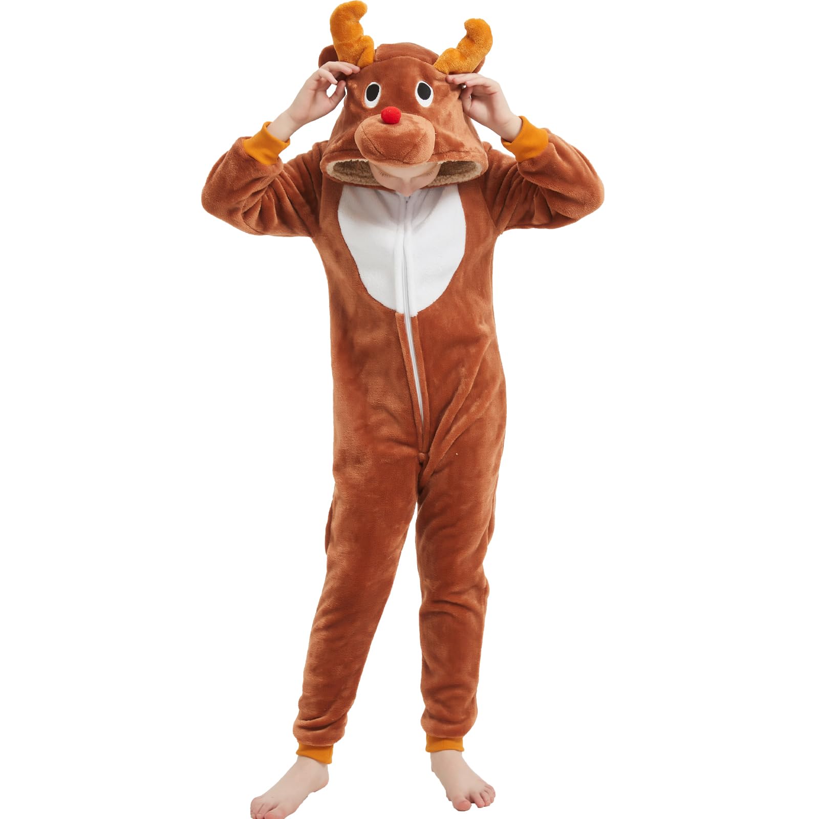 WEQJC kids flannel reindeer onesie worn for cozy Halloween dress-up and warmth