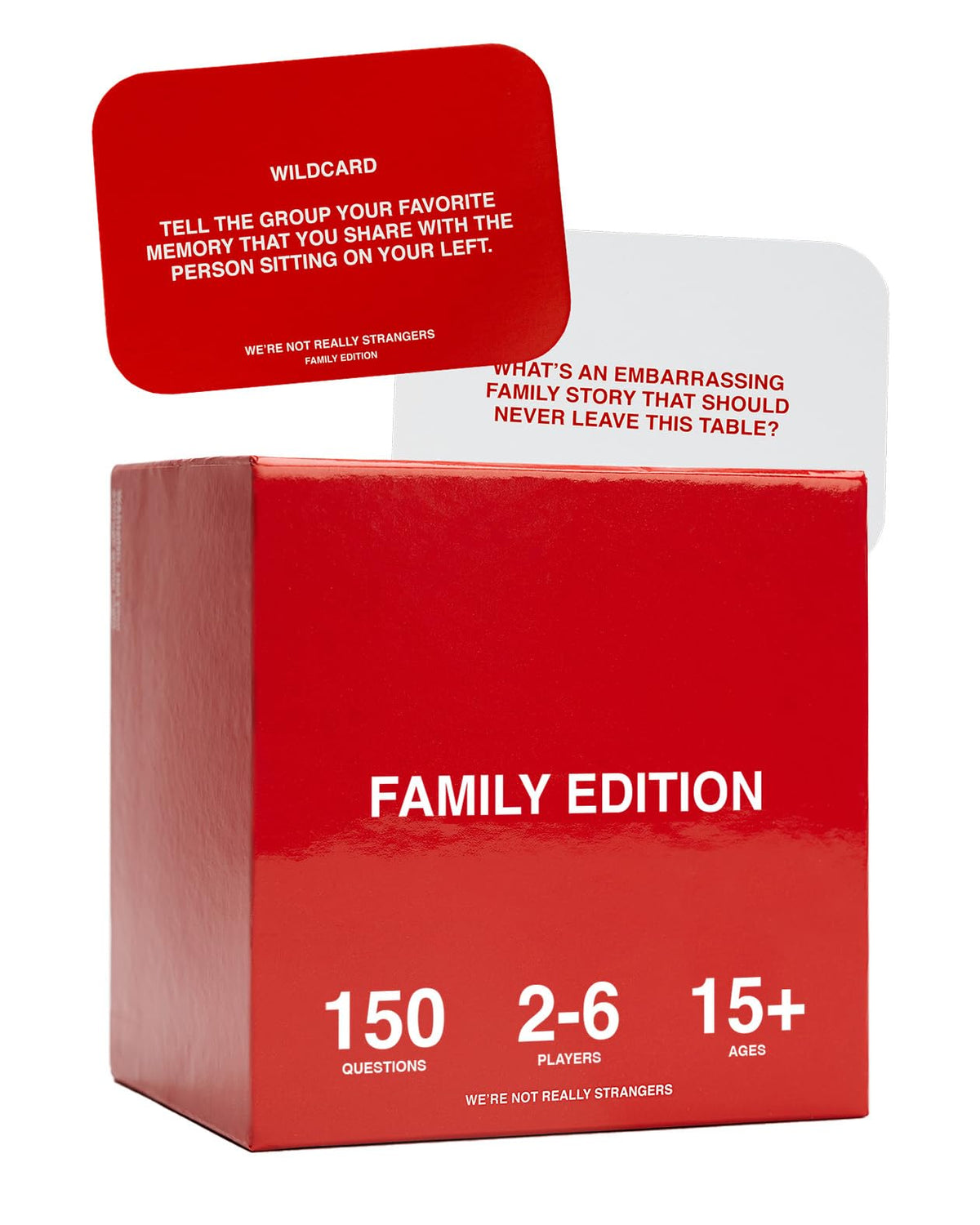 WE'RE NOT REALLY STRANGERS Family Edition cards spread for engaging family conversation during game night.