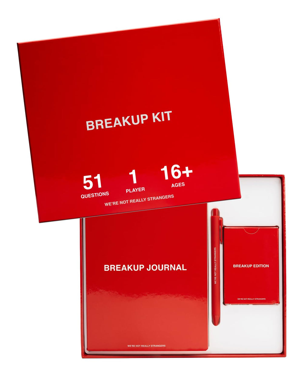 WE'RE NOT REALLY STRANGERS breakup kit with 51 cards for reflective prompts and personal insight.