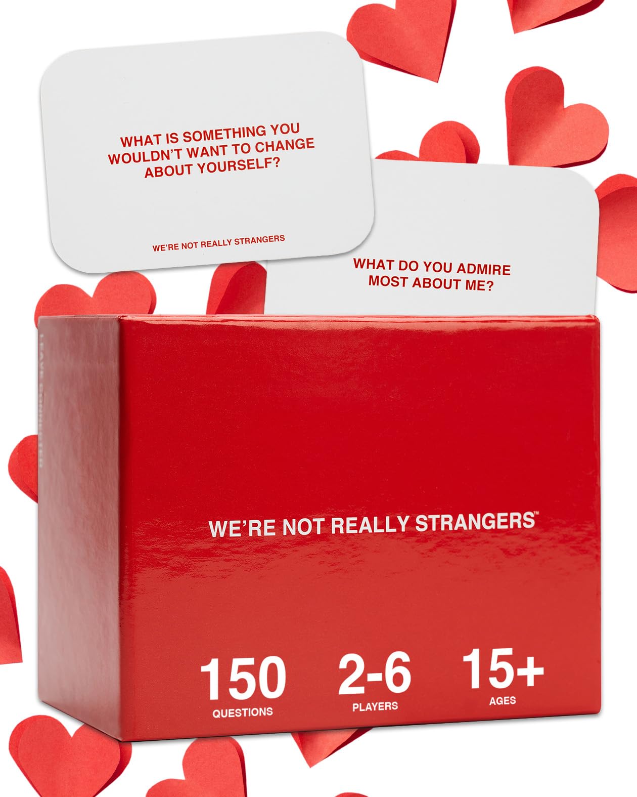 WE'RE NOT REALLY STRANGERS card game packaging for a social game night.
