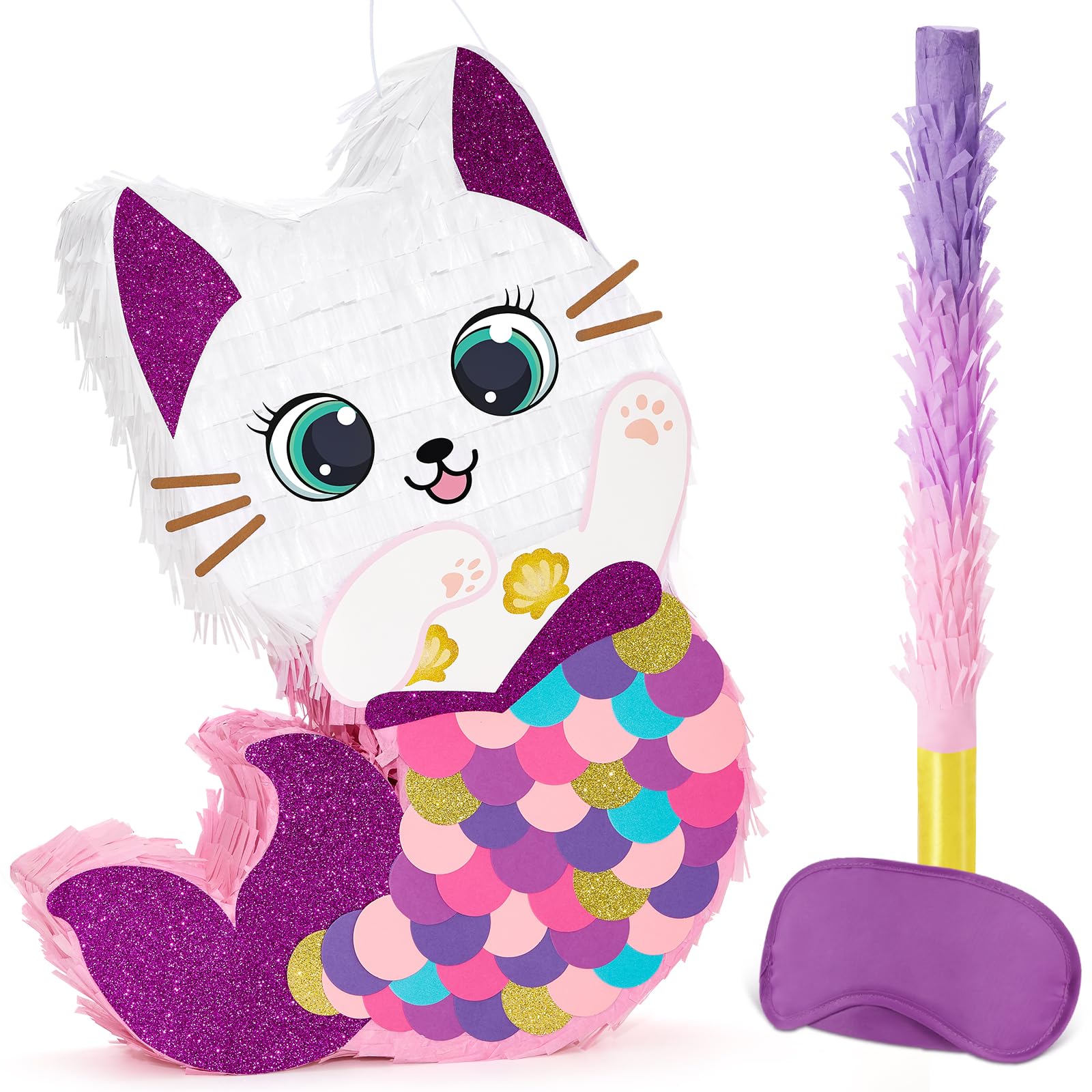 WERNNSAI cat pinata kitten-mermaid design adds color to the party.