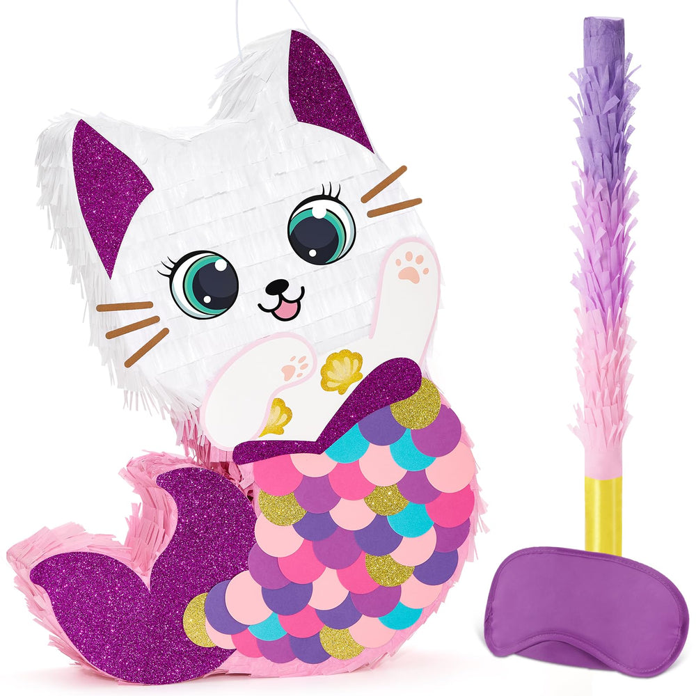 WERNNSAI cat pinata kitten-mermaid design adds color to the party.