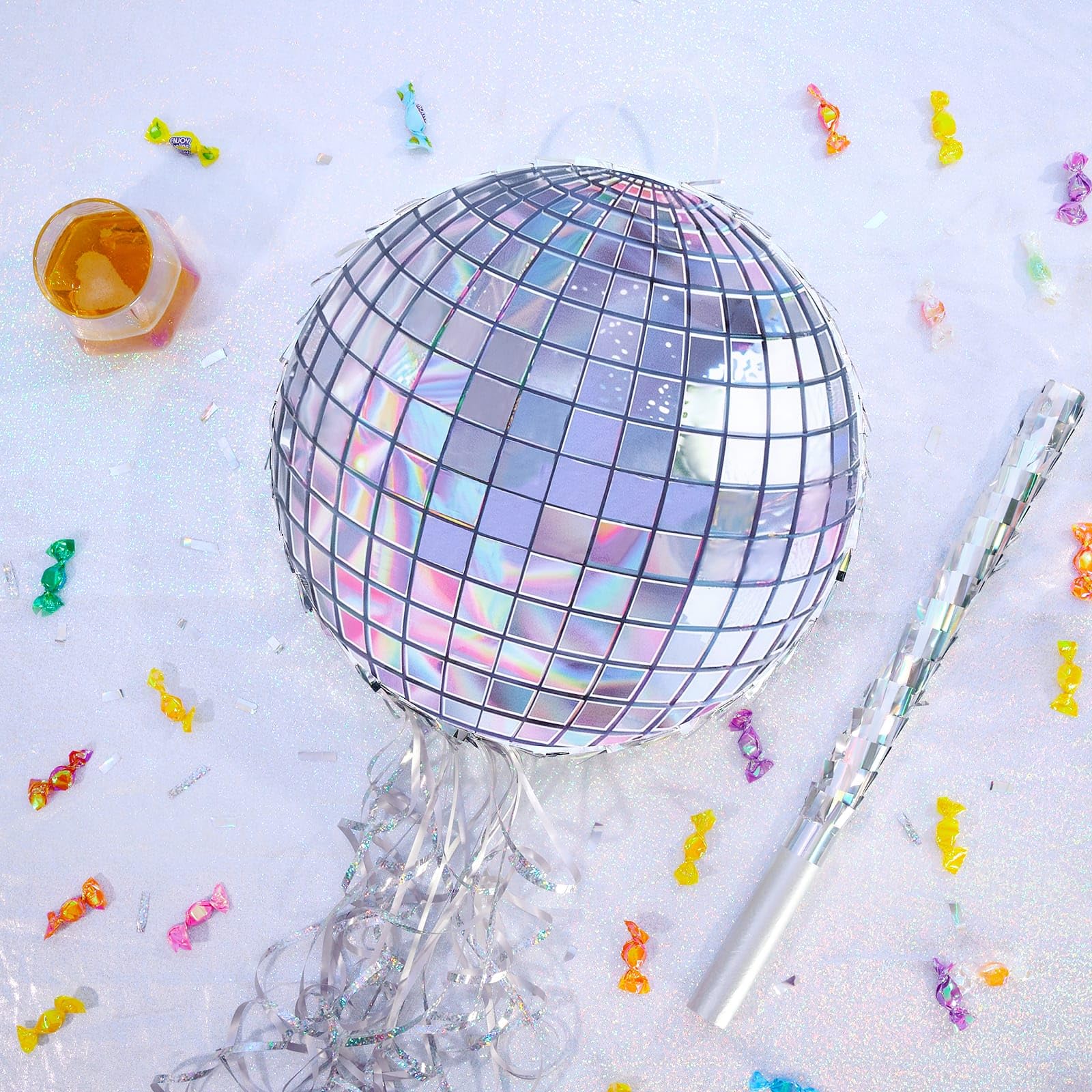 WERNNSAI Disco Ball Pinata drawstring open for easy treats release.