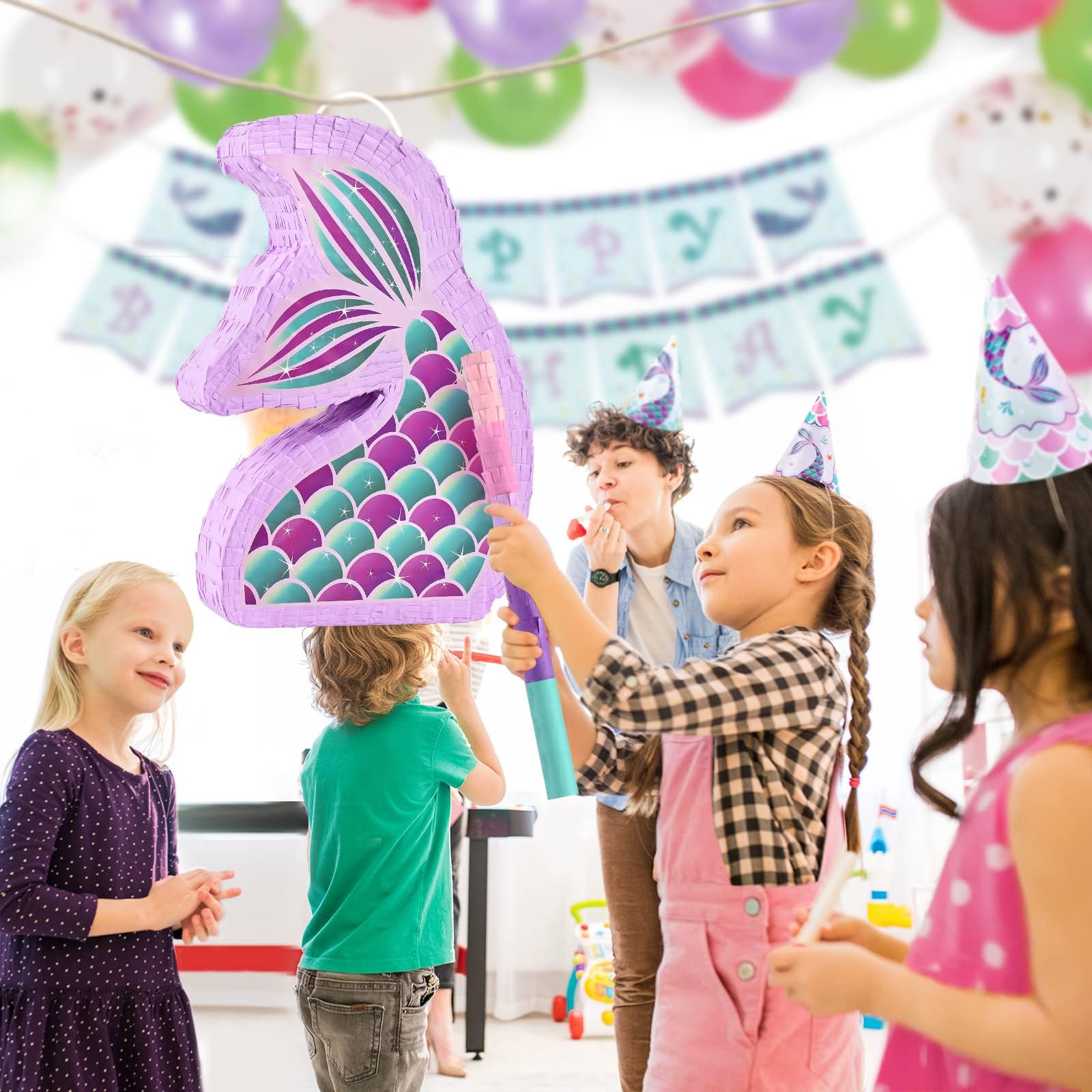 WERNNSAI Mermaid Piñata setup idea for friendly party moments.