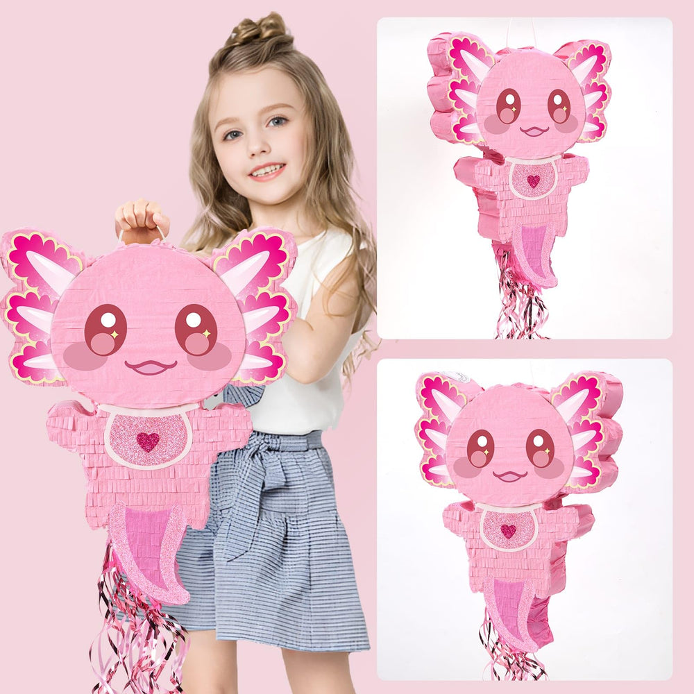 WERNNSAI pink axolotl pinata includes bat and blindfold for instant play.