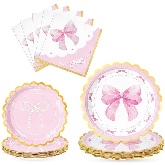 WERNNSAI pink bow dessert plates add retro charm to birthday treats.