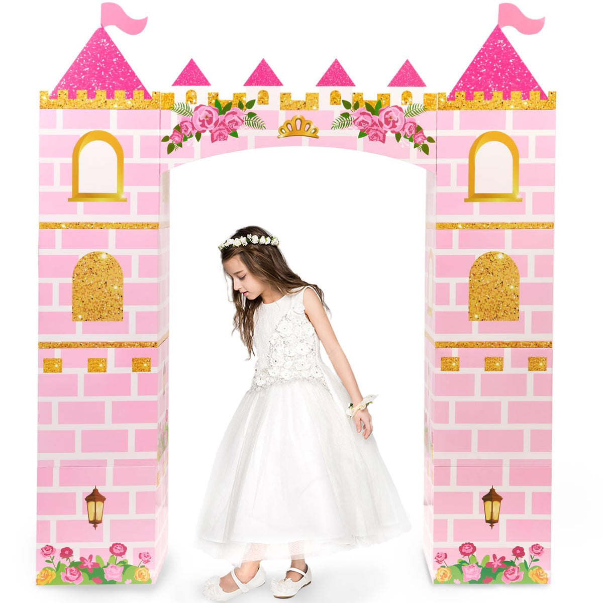 WERNNSAI princess castle playhouse front view, durable pink cardboard decor for indoor or outdoor parties