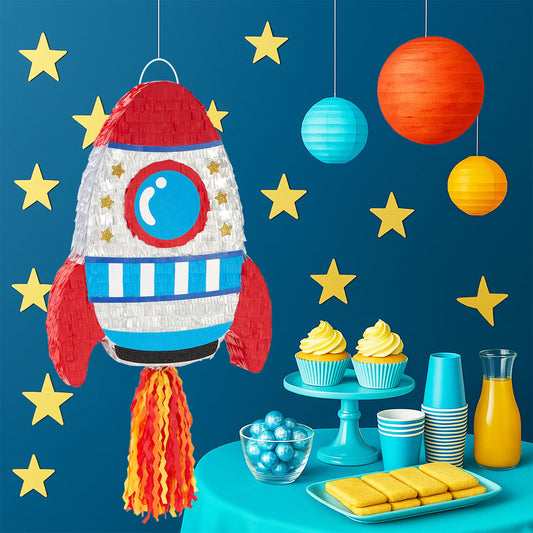 WERNNSAI Rocket Pinata hanging setup ready for party games.