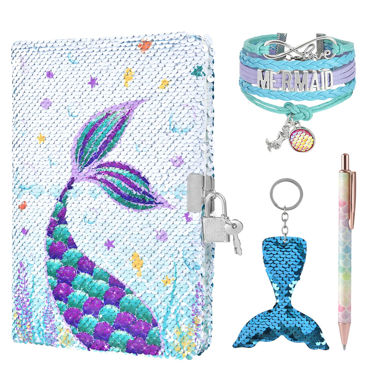 WERNNSAI sequins mermaid diary front cover with lock for private journaling.