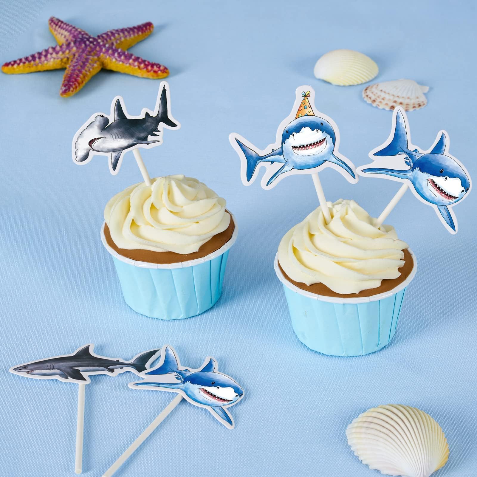 WERNNSAI shark cake toppers on a dessert platter enhance party decor