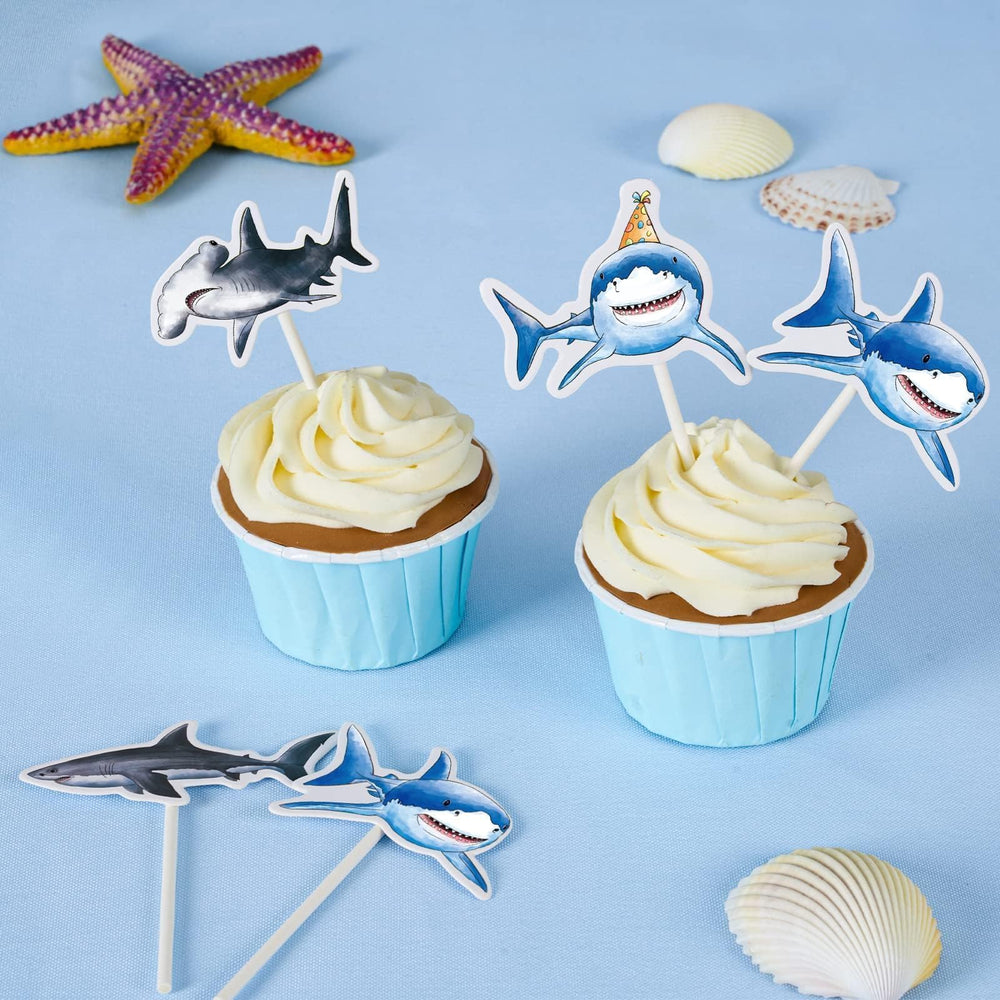 WERNNSAI shark cake toppers on a dessert platter enhance party decor