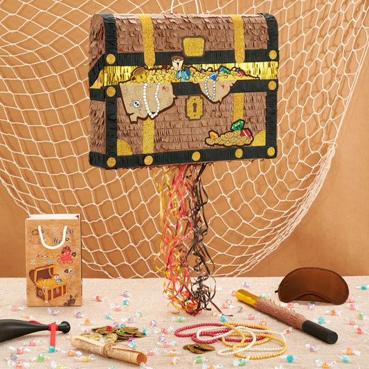 Detail of WERNNSAI Treasure Chest Pinata with gold coins and jewels.