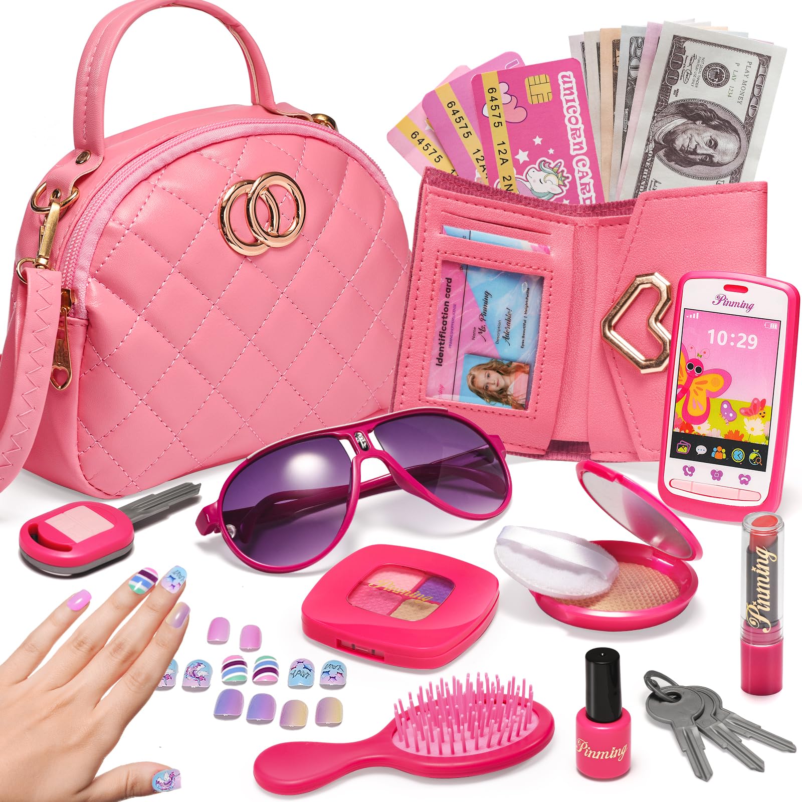 Wesayee pink purse for girls with pretend makeup for imaginative play