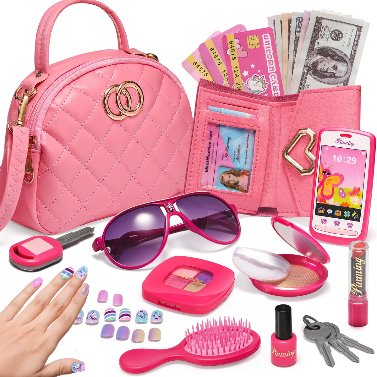 Wesayee pink purse for girls with pretend makeup for imaginative play