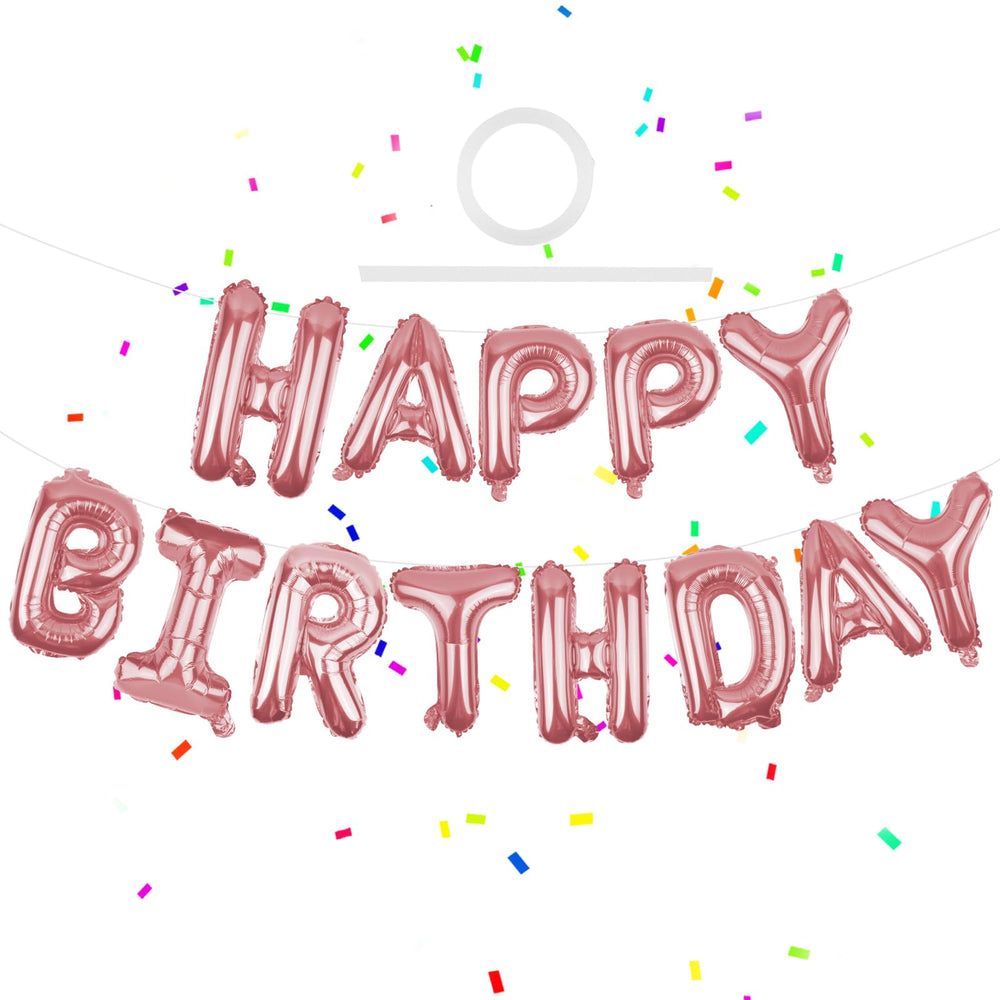 WESTGO Happy Birthday banner rose gold 16-inch letters on display for a festive party
