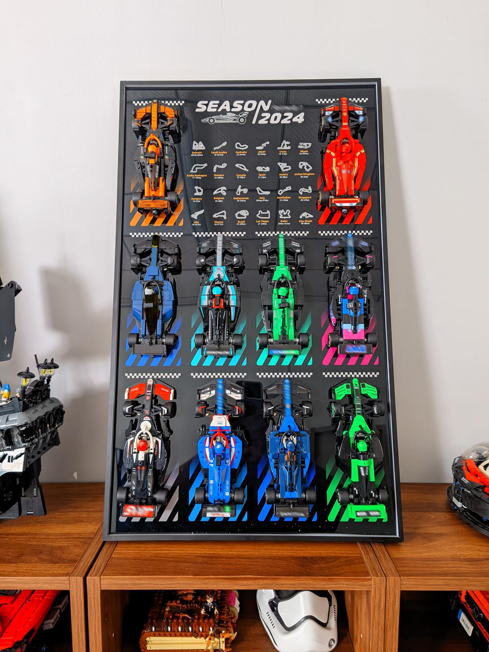 WETCEAOM Lego Speed Champions 77242 mounted on display wallboard for organized collection