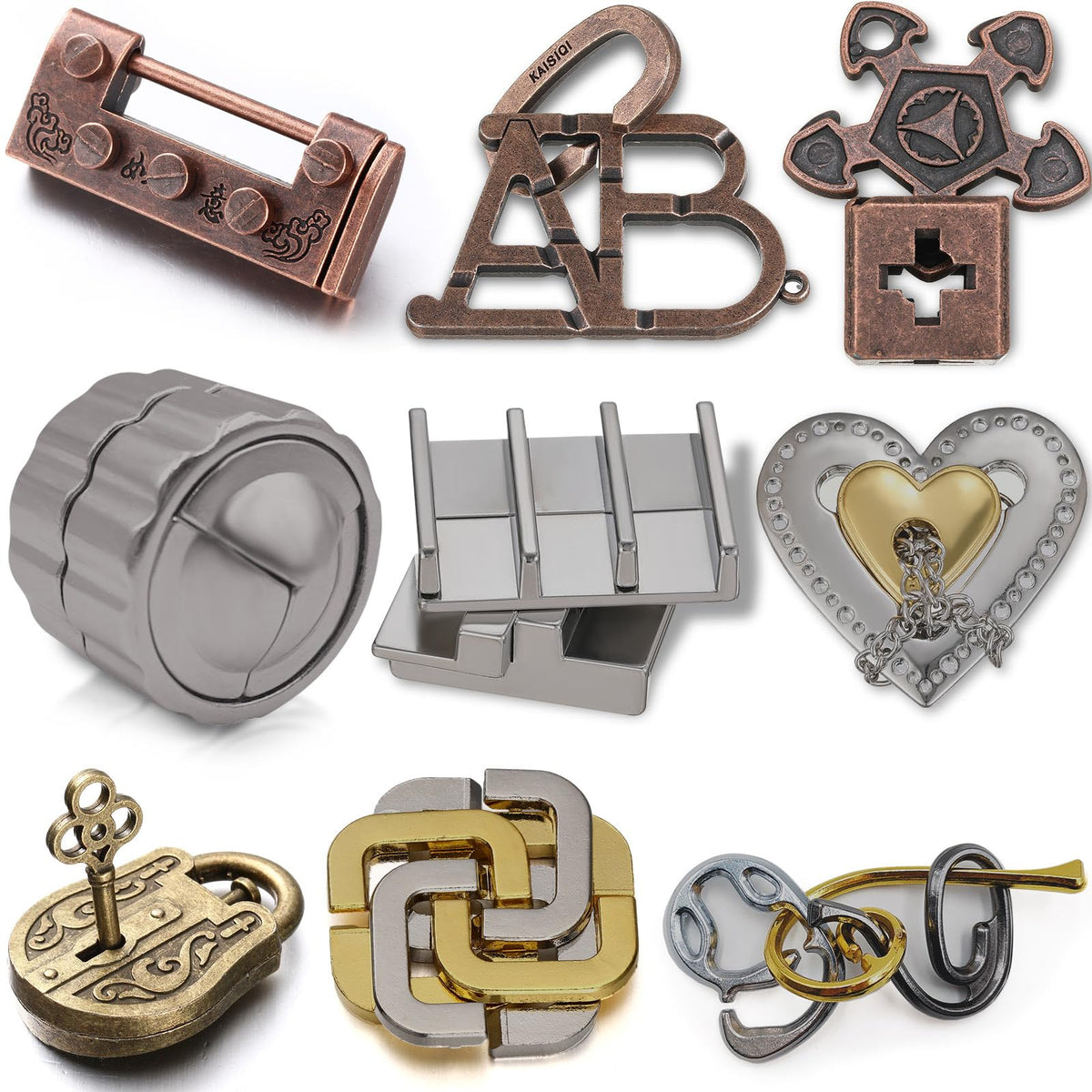 Wettarn 9-pcs metal brain teasers compact set for focus practice