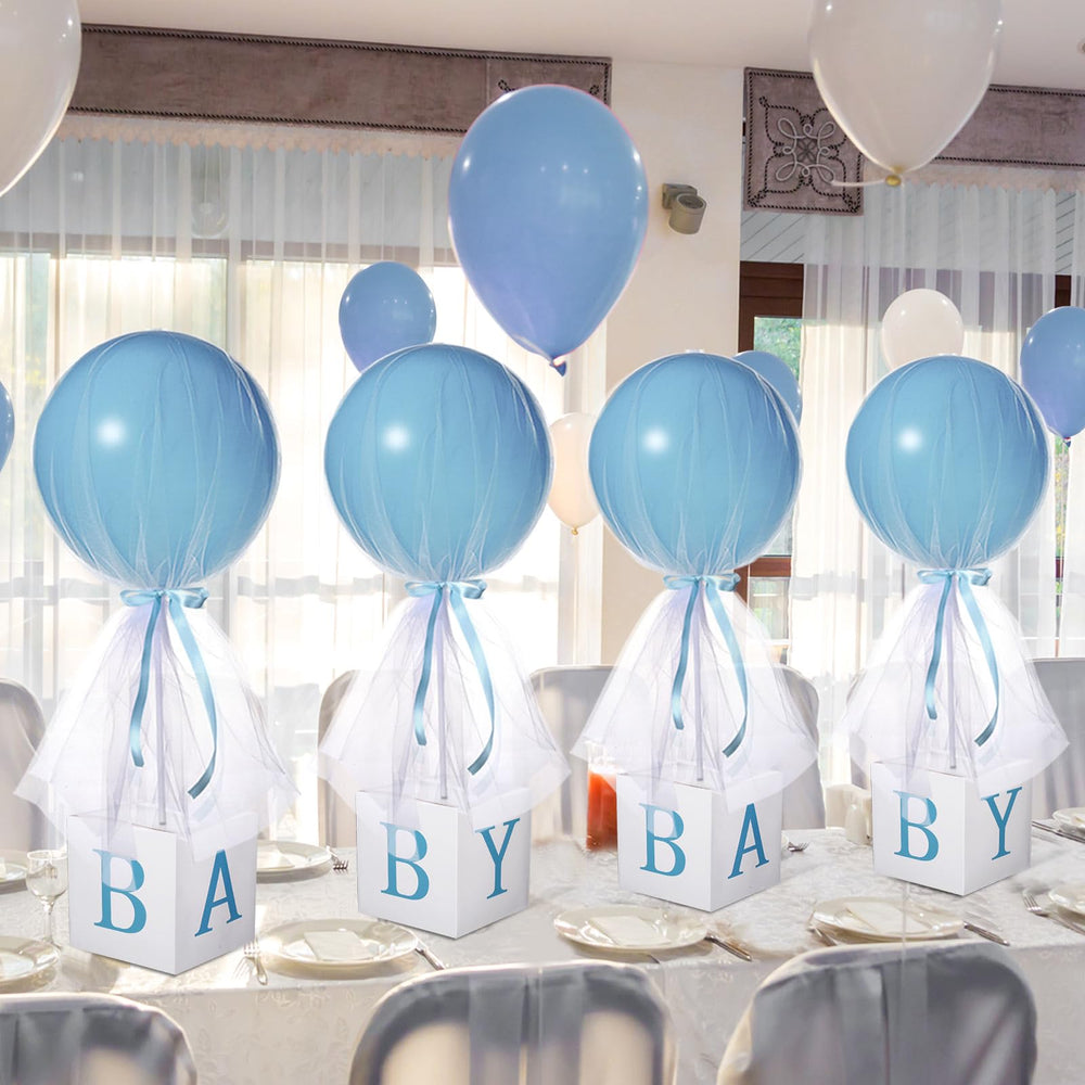 Wettarn blue boy centerpiece box with balloon as a stylish baby shower focal point.
